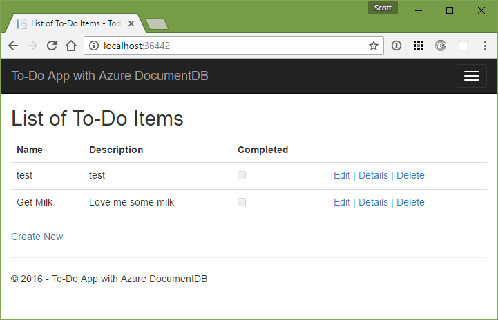 ASP.NET MVC ToDo App using Azure Document DB local emulator